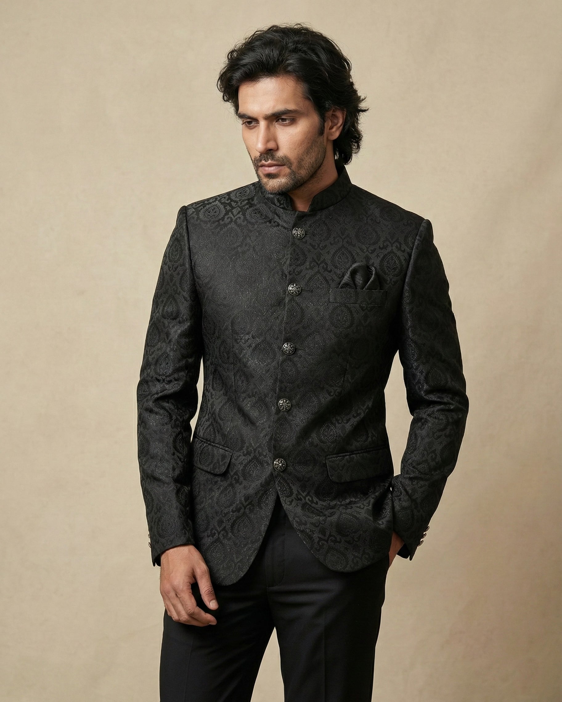 Black Jacquard Jodhpuri Blazer