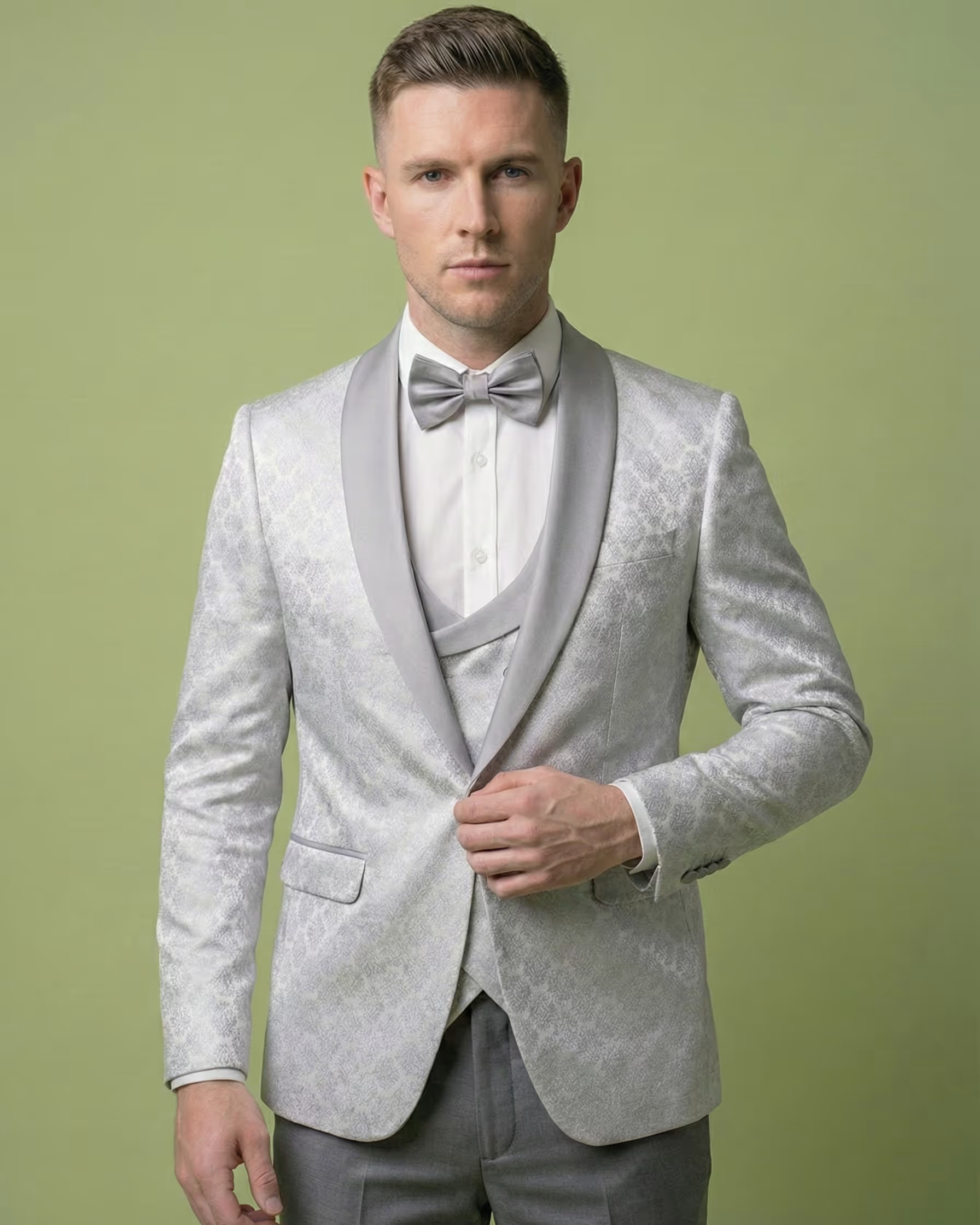 Silver Jacquard 3-Piece Tuxedo Suit
