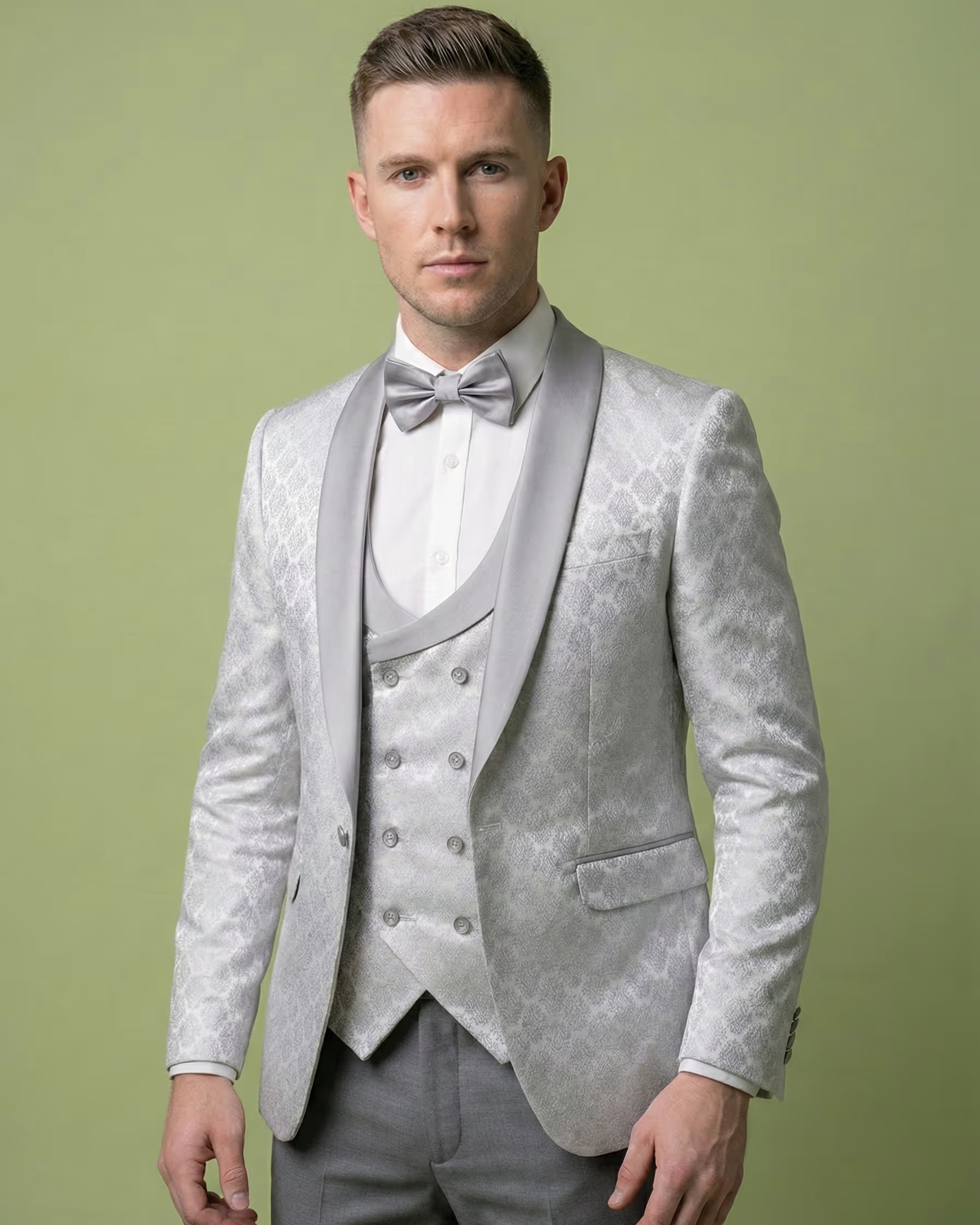Silver Jacquard 3-Piece Tuxedo Suit