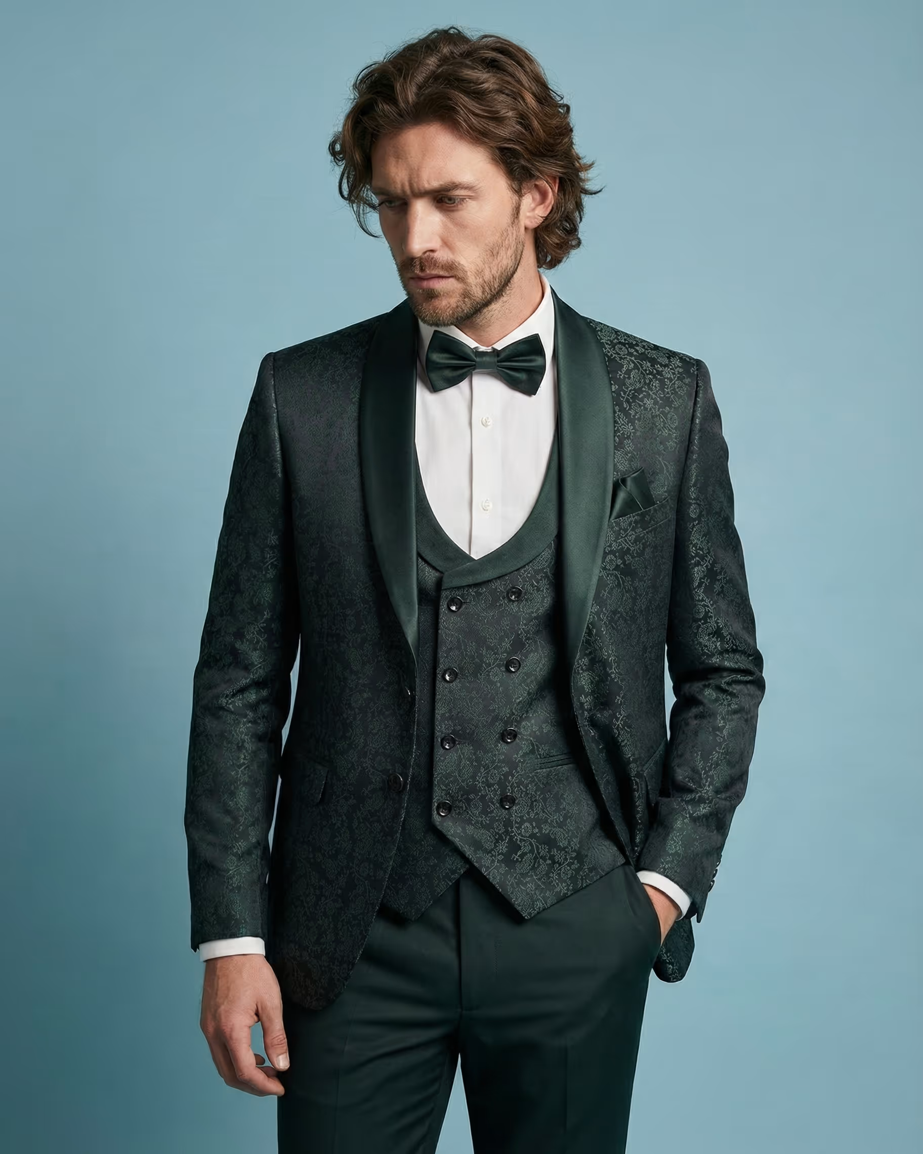 Dark Green Jacquard 3-Piece Tuxedo Suit