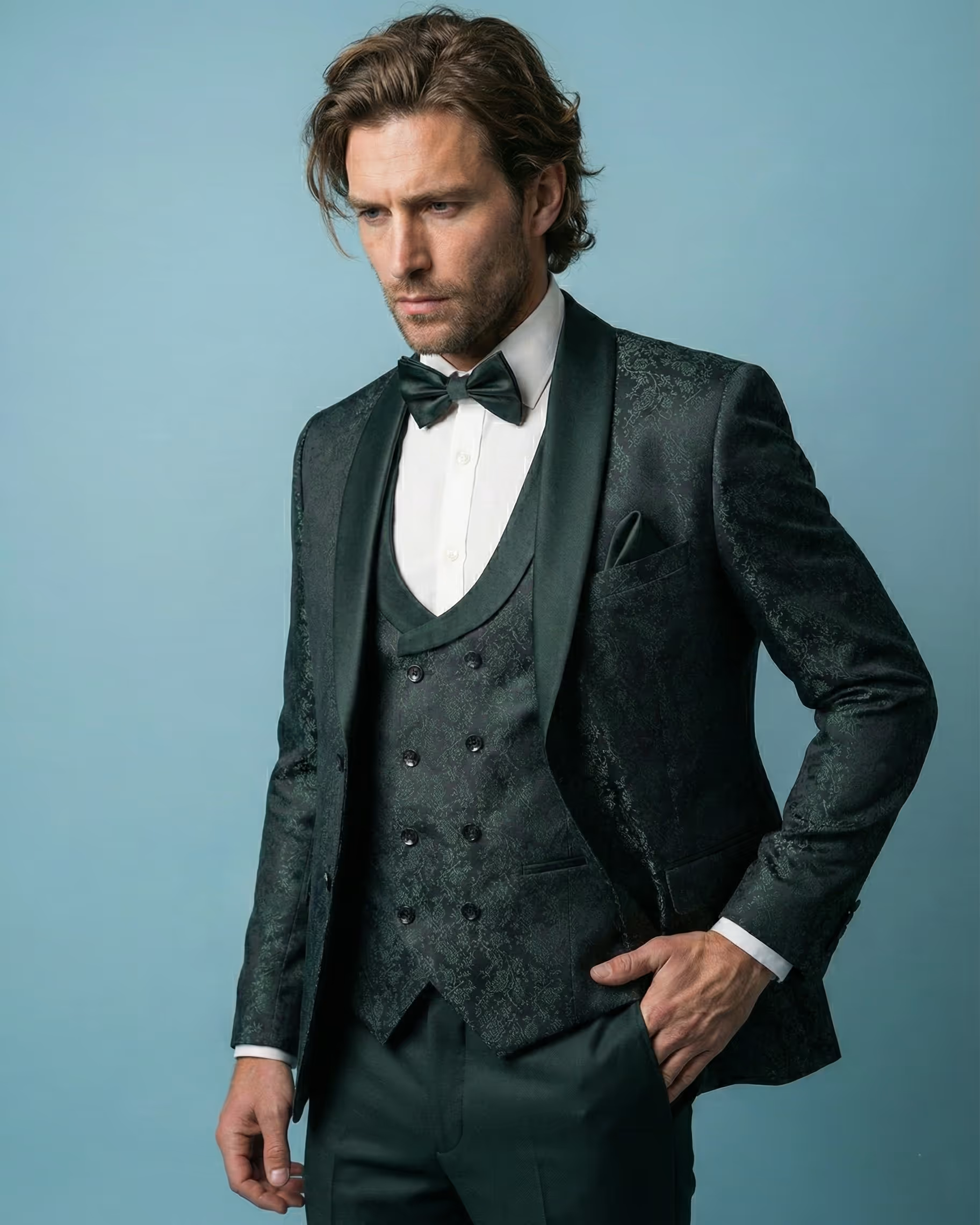 Dark Green Jacquard 3-Piece Tuxedo Suit