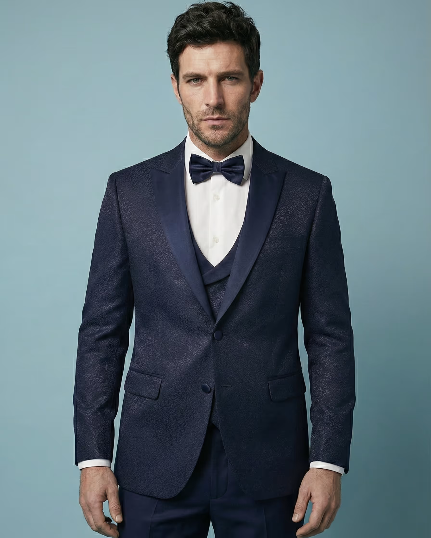 Navy Blue Jacquard 3-Piece Tuxedo Suit