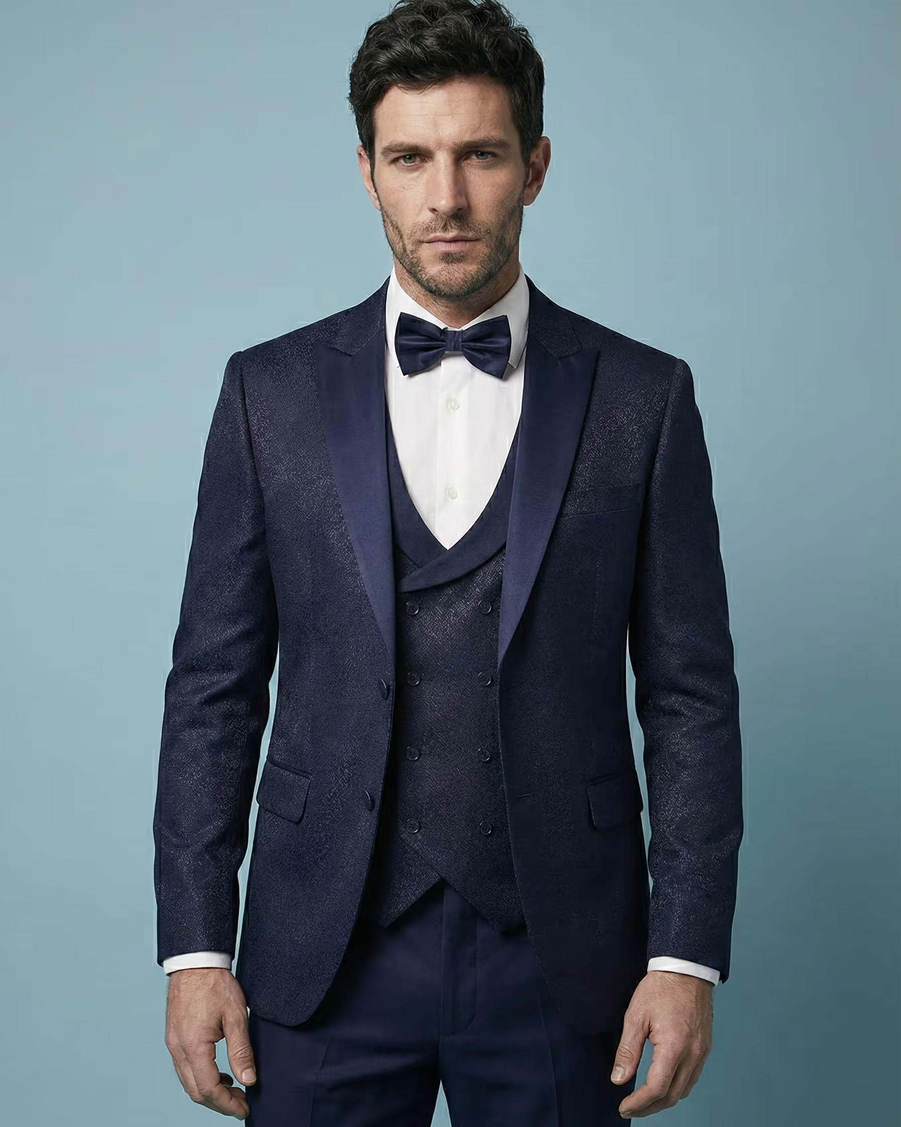 Navy Blue Jacquard 3-Piece Tuxedo Suit