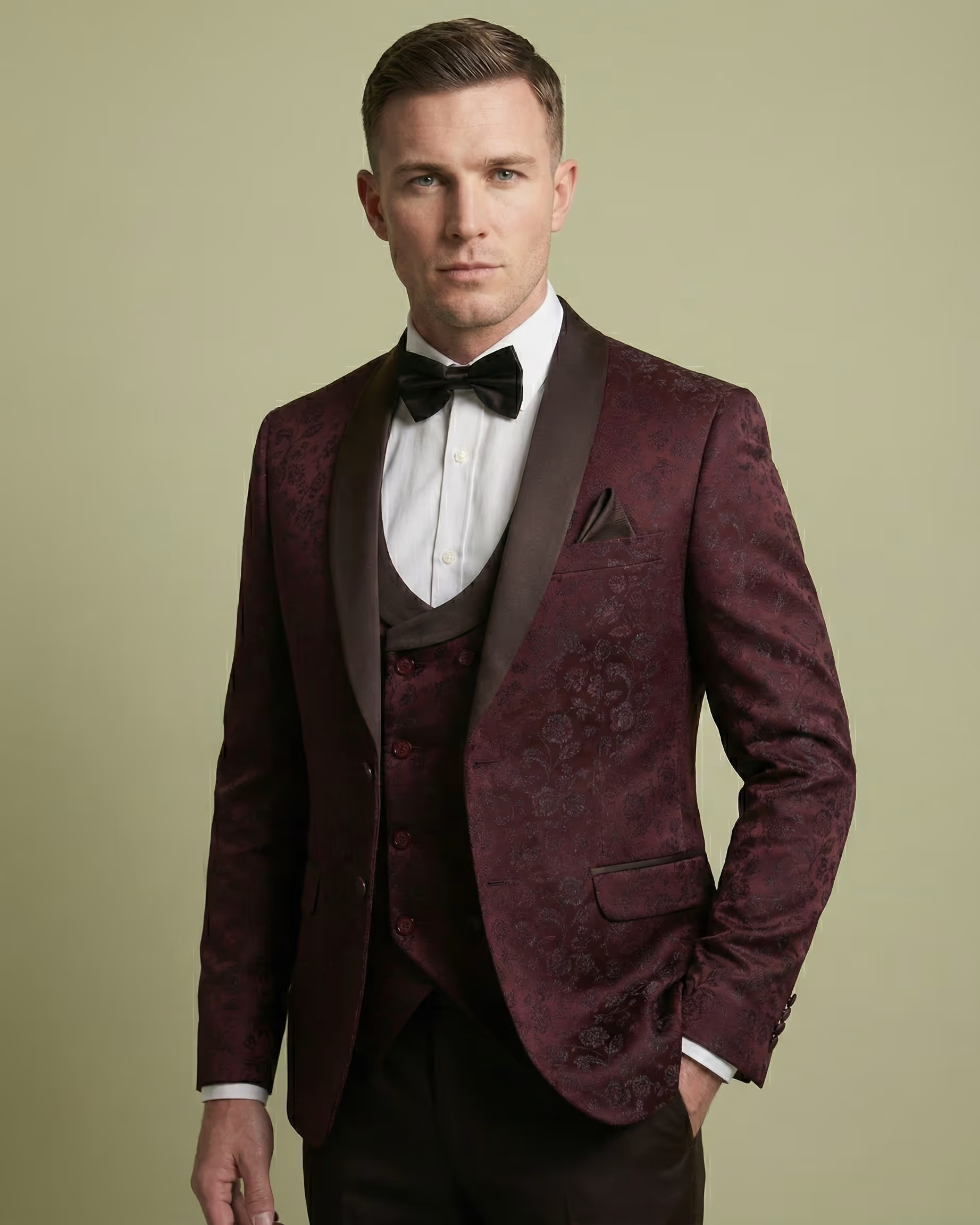 Maroon Jacquard 3-Piece Tuxedo Suit